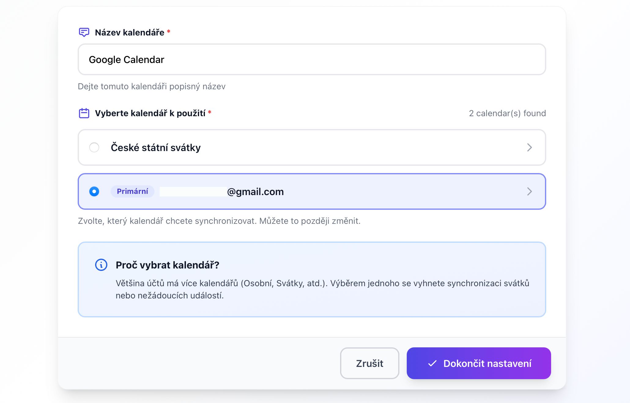 Calendar selection dialog from Google account