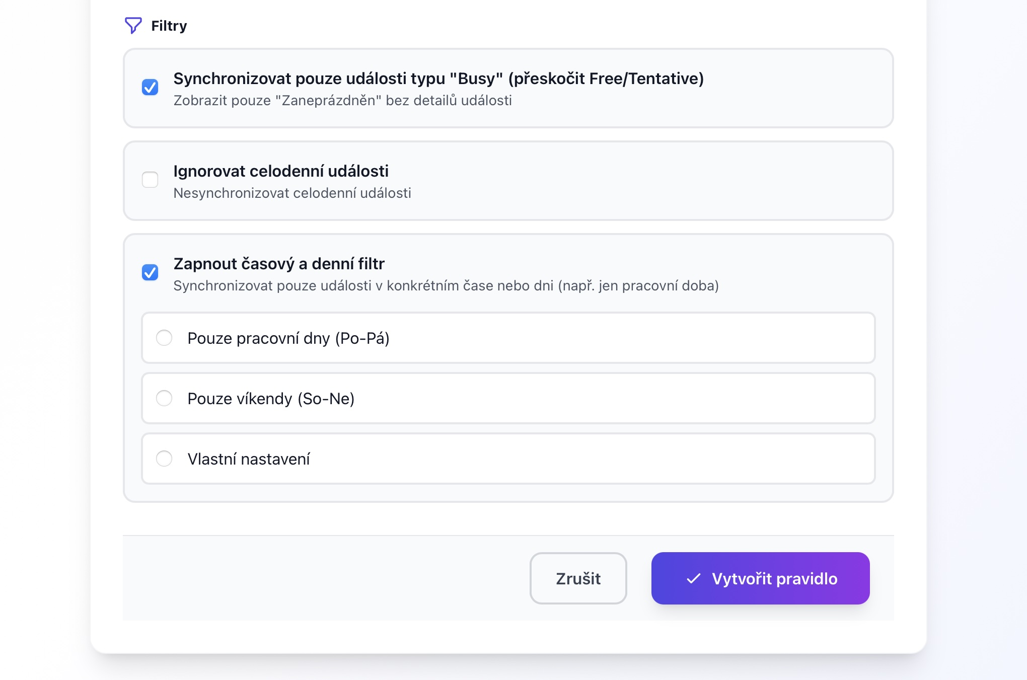 Filter options with checkboxes and time selectors